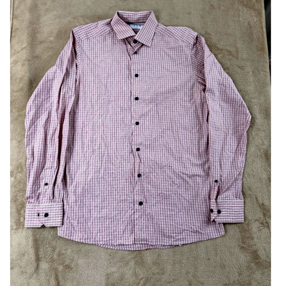 ETON Contemporary‎ Dress Shirt Men 40 15 3/4 Red White Plaid Button UP L/S EUC